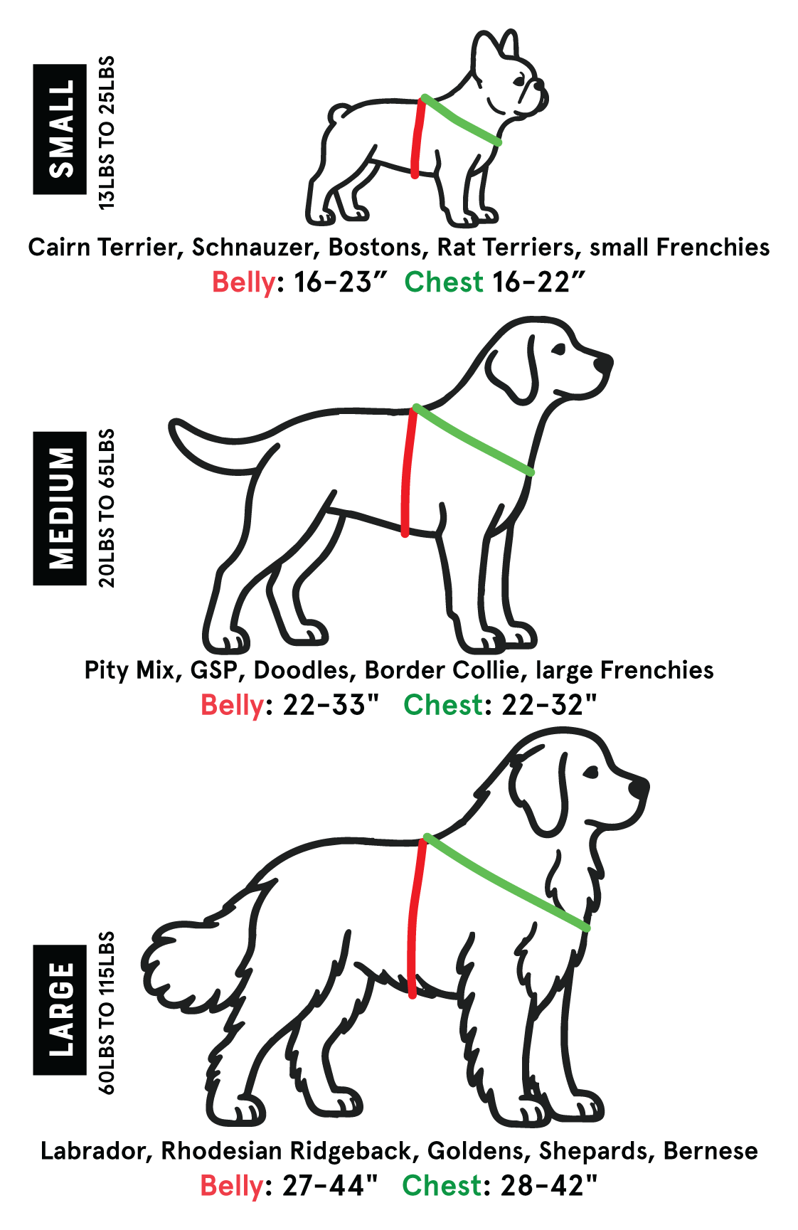 PNW Dry Harness sizing chart. Small fits 13 to 25 lb dogs like Cairn Terriers, Schnauzers, Boston Terriers, Rat Terriers and small Frenchies, belly 16 to 23 inches, chest 16 to 22 inches. Medium fits 20 to 65 lb dogs like pit mixes, German Shorthaired Pointers, Doodles, Border Collies and large Frenchies, belly 22 to 33 inches, chest 22 to 32 inches. Large fits 60 to 115 lb dogs like Labradors, Rhodesian Ridgebacks, Goldens, Shepherds and Bernese, belly 27 to 44 inches, chest 28 to 42 inches. The belly is measured around the body behind the front legs and the chest around the front.