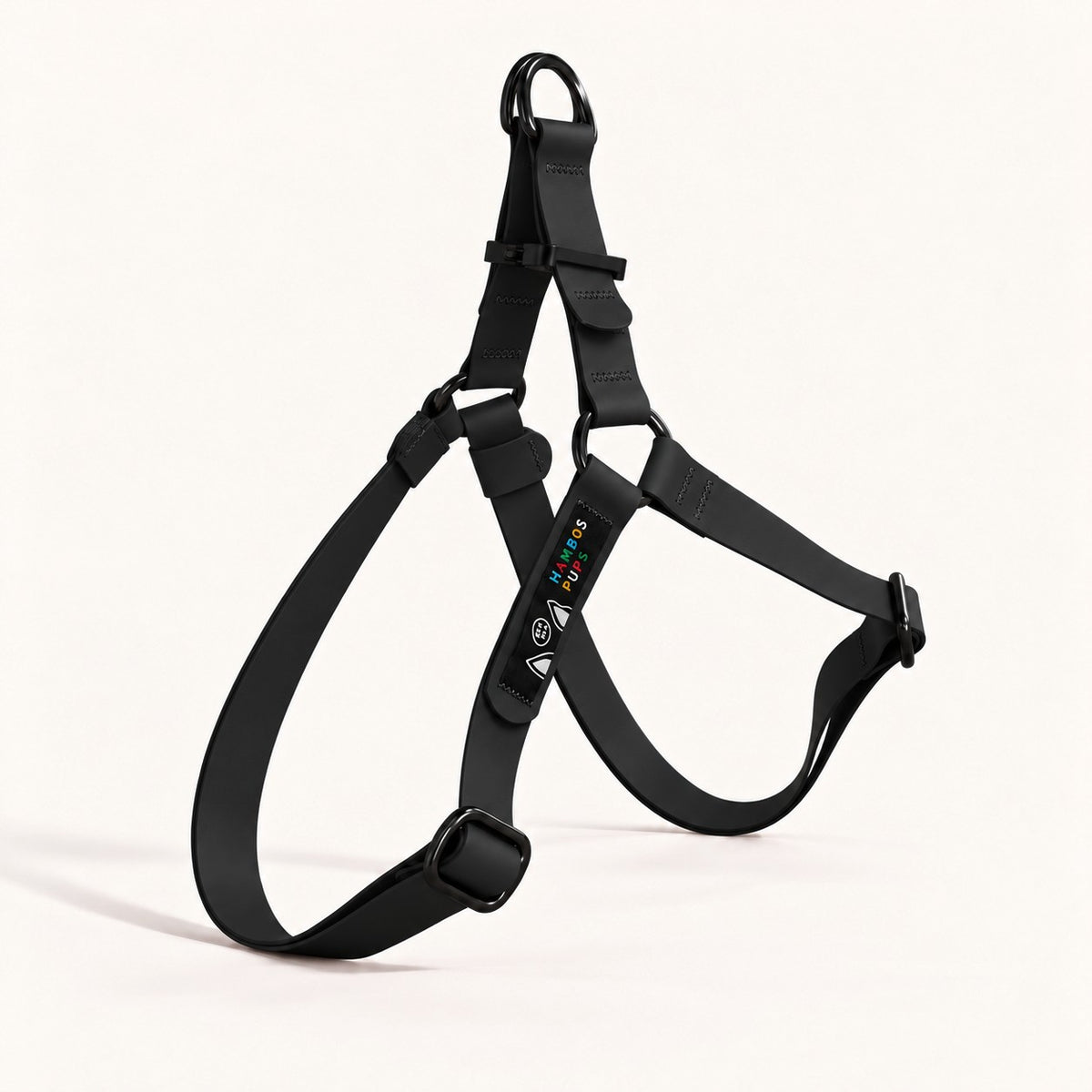 PNW Dry Harness in Coal Biothane with black hardware, studio shot
